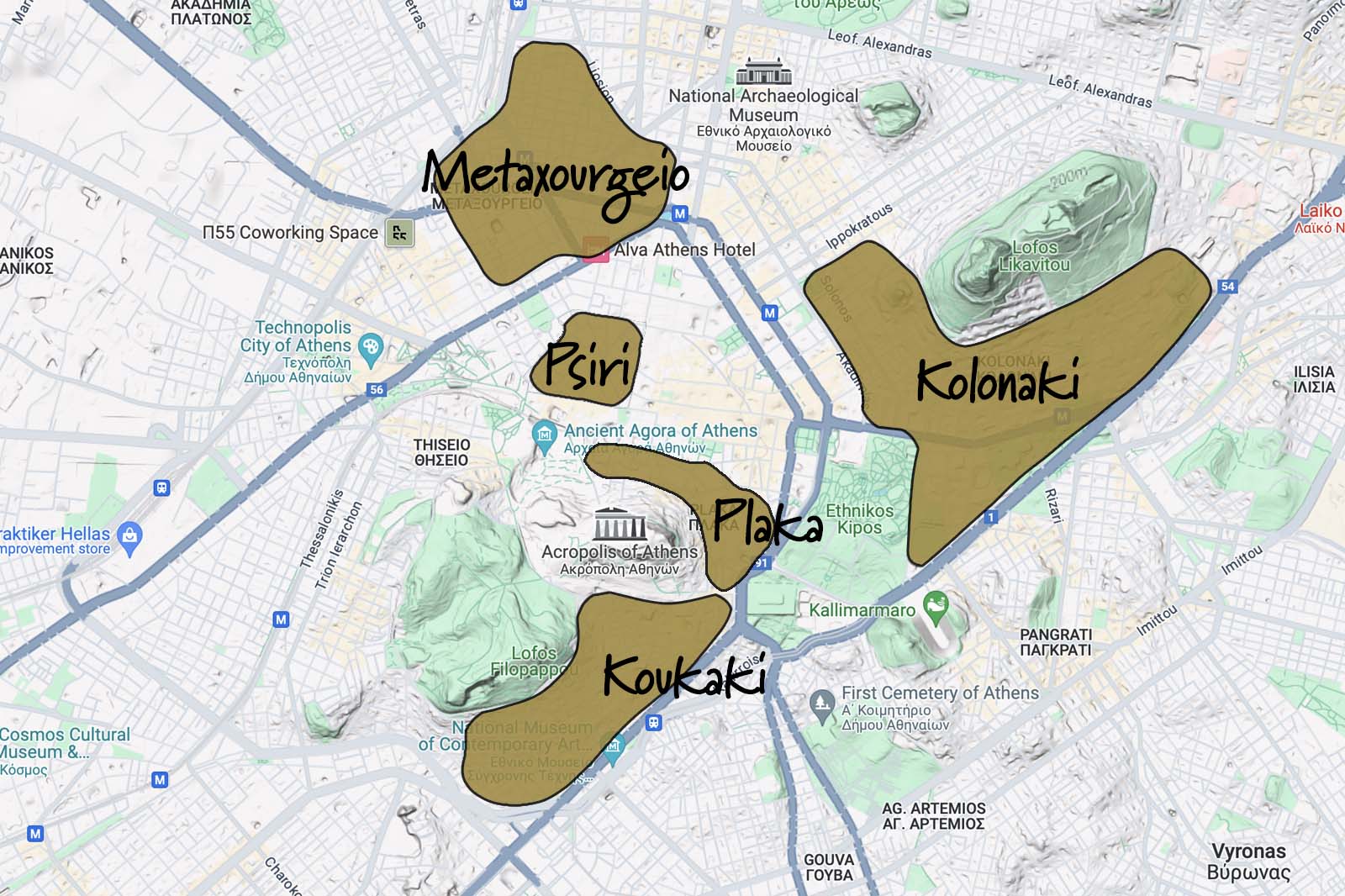 Map of where to stay in Athens