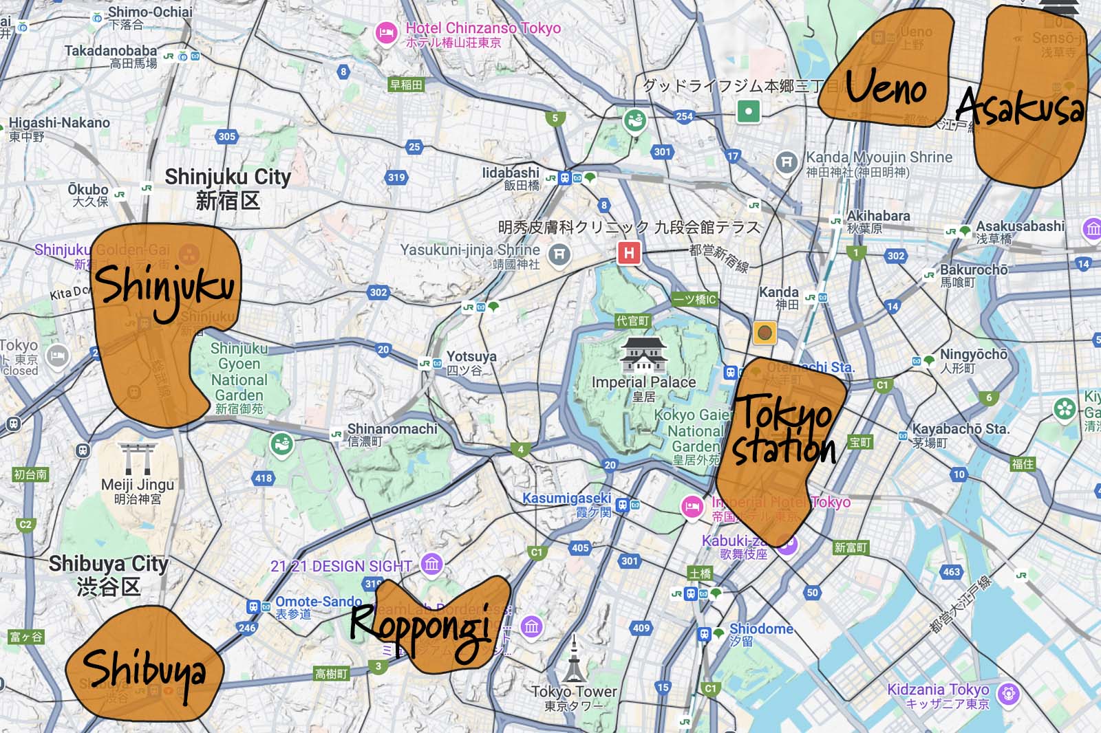 Map of where to stay in Tokyo